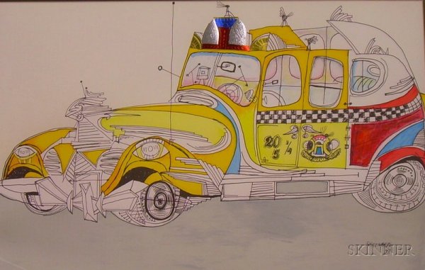 Saul Steinberg (American, 1914-1999) Taxi, 1948. S: Saul Steinberg (American, 1914-1999) Taxi, 1948. Signed and dated in the matrix. Color lithograph with foil collage, sight size 14 1/4 x 22 1/4 in., framed.