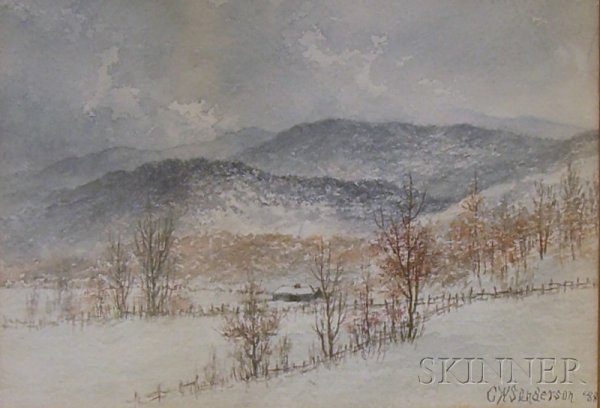 Framed Watercolor on Paper/board Winter Landscape : Framed Watercolor on Paper/board Winter Landscape by Charles Wesley Sanderson (American, 1835-1905), inscribed "CWSanderson '88" l.r. Sight size 10 5/8 x 7 3/4 in. Framed dimensions 19 7/8 x 16 7/8 in