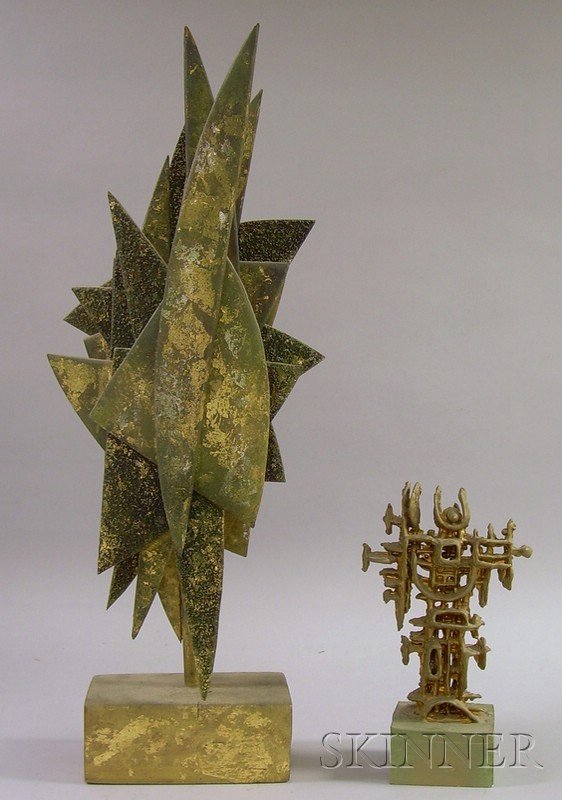 George Dergalis (American, b. 1928), Lot of Two Sc: George Dergalis (American, b. 1928) Lot of Two Sculptures: Triangular Totem and Figure Triangular signed and dated "G. Dergalis 74" on plinth, Figure wit