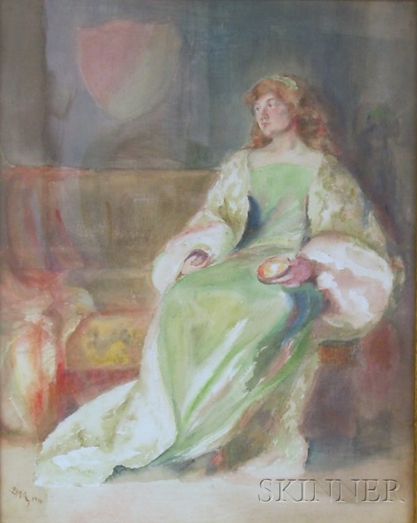 Attributed to Edwin Austin Abbey (American, 1852-1: Attributed to Edwin Austin Abbey (American, 1852-1911) Woman in a Green Dress. Signed or inscribed and dated "EAAb...1910" l.l. Watercolor on board, sight size 17 x 13 in., framed. Condition: Toning,