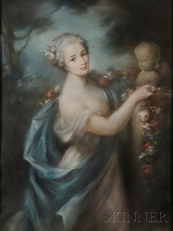 Attributed to Rosalba Carriera (Italian, 1675-1757: Attributed to Rosalba Carriera (Italian, 1675-1757) A Woman Offering a Garland of Flowers to Eros. Unsigned, identified on labels affixed to the backing. Pastel on paper, sight size 37 x 28 in
