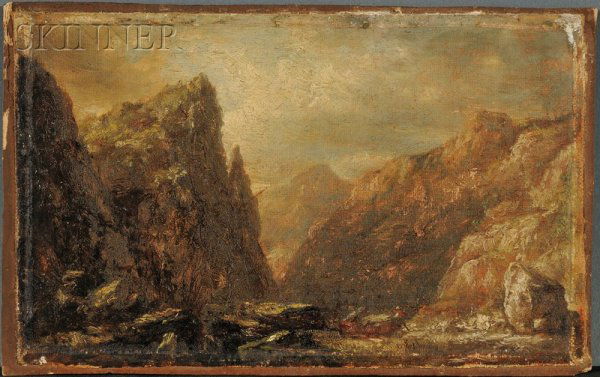 British School, 19th Century, Mountainous Landsca: British School, 19th Century, Mountainous Landscape.Initialed "T.H." l.r. Oil on canvas mounted onto board, 5 1/4 x 8 1/4 in., framed.