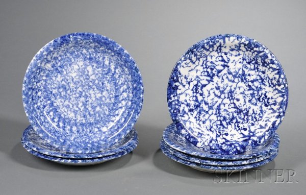 Seven Blue Spongeware Pottery Plates, America, lat: Seven Blue Spongeware Pottery Plates, America, late 19th century, dia. 10 3/8 in. Provenance: Rufus Foshee.