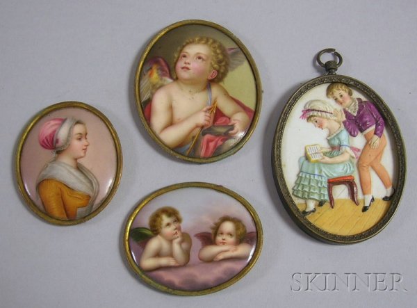 Three Miniature Hand-painted Portraits on Porcelai: Three Miniature Hand-painted Portraits on Porcelain and a Kate Greenaway-type Painted Parian Plaque of Children, the European portraits of angels and a maiden with bonnet.