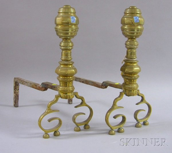 Pair of Brass Faceted and Ring-turned Andirons, ht: Pair of Brass Faceted and Ring-turned Andirons, ht. 20 1/4, lg. 21 in.