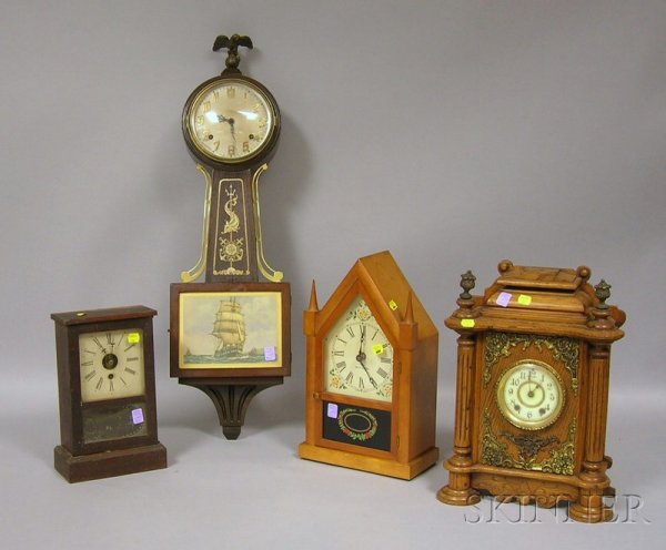 Four American Clocks, by Ingraham, Waterbury, and: Four American Clocks, by Ingraham, Waterbury, and Seth Thomas, including an Ingraham eight-day bim-bam strike banjo clock with ship on lower tablet, ht. 32; a Seth Thomas eight-day steeple clock with