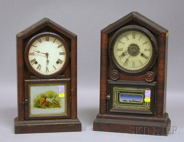 Two Connecticut Mahogany Mantel Clocks, William L: Two Connecticut Mahogany Mantel Clocks, William L. Gilbert and the Ansonia Brass and Copper Company, both with pitched pediments, Roman numeral zinc dials, transfer decorated tablets, and eight-day ti