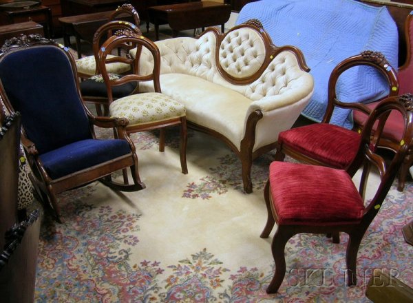 Victorian Rococo Revival Upholstered Carved Walnut: Victorian Rococo Revival Upholstered Carved Walnut Parlor Settee, Five Side Chairs, and an Armrocker, settee lg. 64 in.