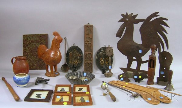 Lot of Assorted Decorative Country Woodenware and : Lot of Assorted Decorative Country Woodenware and Metal Items, including a glazed redware rooster figure, small jug, three tin food molds, two wrought iron ladles and an oil lamp, two cut sheet metal 