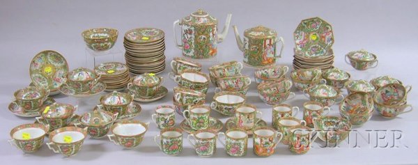 Approximately Ninety-eight Pieces of Chinese Expo: Approximately Ninety-eight Pieces of Chinese Export Porcelain Rose Medallion Pattern Tableware, including two teapots, a small bowl, sets of eleven demitasse cups and saucers, eight cups and seven sau