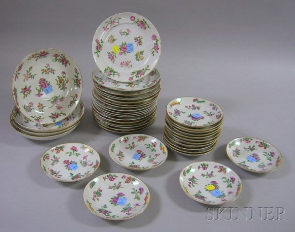 Thirty-eight Pieces of Chinese Export Porcelain F: Thirty-eight Pieces of Chinese Export Porcelain Famille Rose Tableware, including eighteen plates, sixteen small dishes, and four bowls, respective dia. 7 3/4, 6, and 8 1/4 in.
