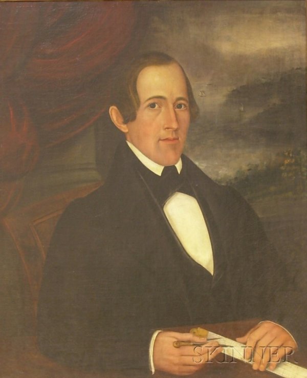 19th Century American School Oil on Canvas Portra: 19th Century American School Oil on Canvas Portrait of Gentleman Holding a Slide Rule and Compass with Sailing Ships in the Background, unsigned, framed, 33 x 27 in.