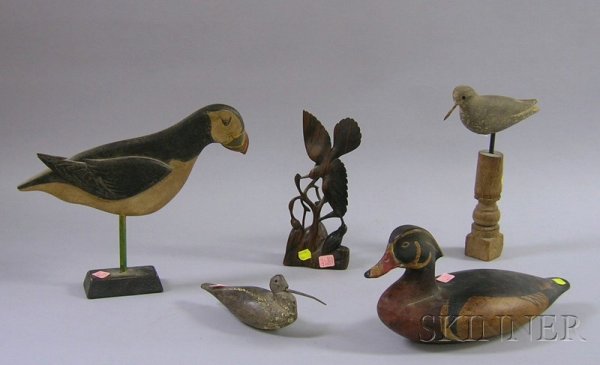 Four Carved and Painted Wooden Bird and Duck Figu: Four Carved and Painted Wooden Bird and Duck Figures and an Asian Rosewood Bird Figural Group, a puffin , a duck decoy attributed to Timothy Eastland, Lyme, Connecticut, and two shorebirds.
