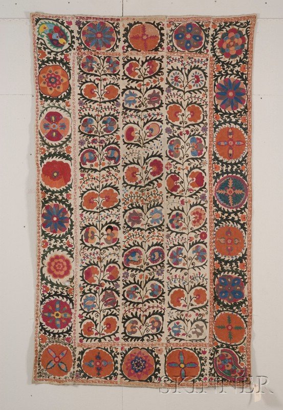 Suzani, Central Asia, 19th/20th century, (small ho: Suzani, Central Asia, 19th/20th century, (small hole and smaller stain), 7 ft. 8 in. x 4 ft. 7 in. Provenance: Estate of N. David Scotti, Providence, Rhode Island.