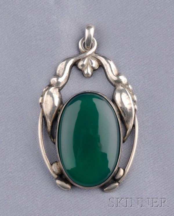 Silver and Green Onyx Pendant, Georg Jensen, set wit