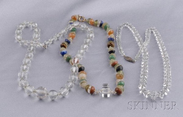 Three Art Deco Rock Crystal and Hardstone Necklaces