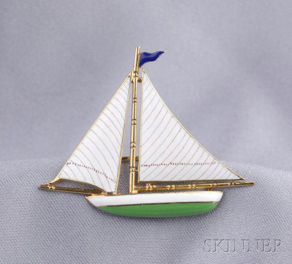 14kt Gold and Enamel Sailboat Brooch, Sloan & Co.,: 14kt Gold and Enamel Sailboat Brooch, Sloan & Co., the polychrome enamel boat in full sail, 1 1/2 x 1 1/4 in., maker's mark.