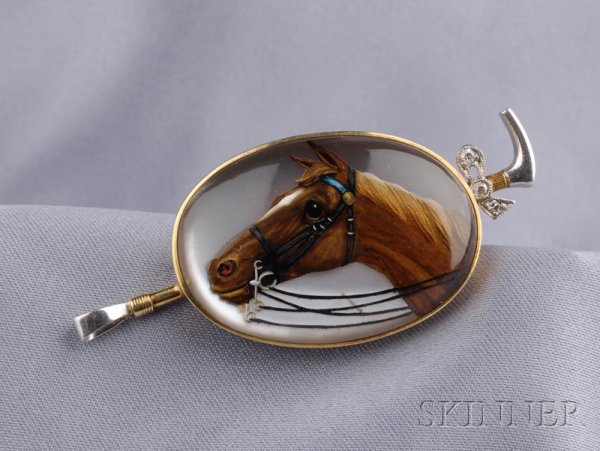 Antique Reverse-painted Crystal Horse Pin, depicti