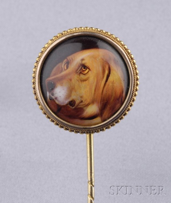 Antique 14kt Gold and Enamel Stickpin, W.B. Ford,: Antique 14kt Gold and Enamel Stickpin, W.B. Ford, England, depicting a basset hound within a bead and wirework frame, dia. 7/8 in., signed and dated 1872. Note: William Bishop Ford (1832-1922), a Lond