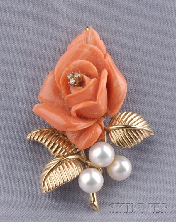 18kt Gold and Carved Coral Rose Brooch, Cartier, w