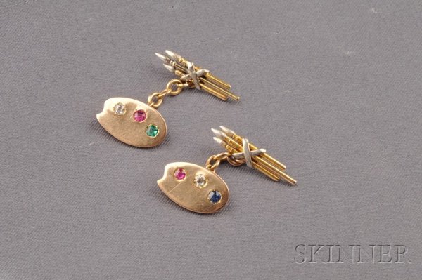 Whimsical Pair of 14kt Gold and Gem-set Cuff Link