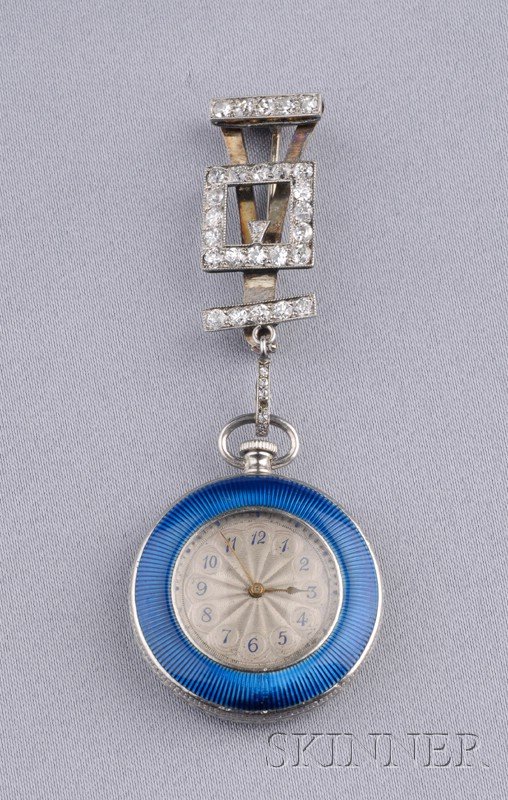 Edwardian Diamond and Enamel Pendant Watch, Tiffan: Edwardian Diamond and Enamel Pendant Watch, Tiffany & Co., the silvertone engine-turned dial with Arabic numeral indicators, enamel bezel, enclosing jeweled signed movement, platinum, 18kt gold and ro