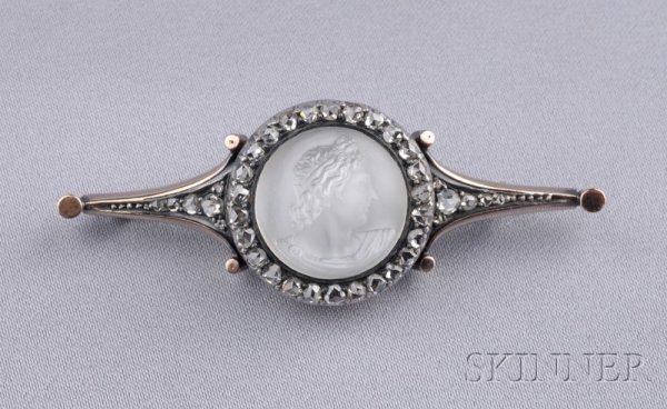 Antique Moonstone and Diamond Cameo Brooch, carved