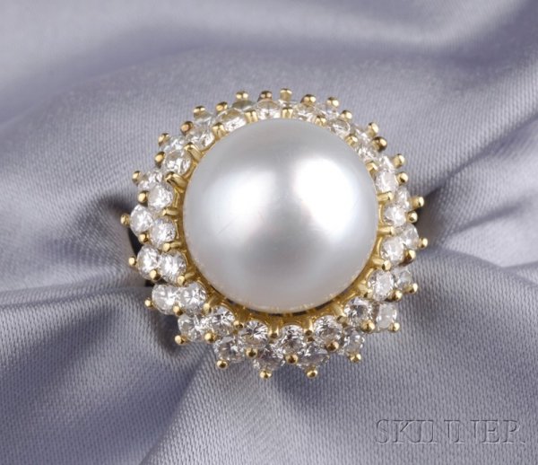 18kt Gold, South Sea Pearl, and Diamond Ring, set