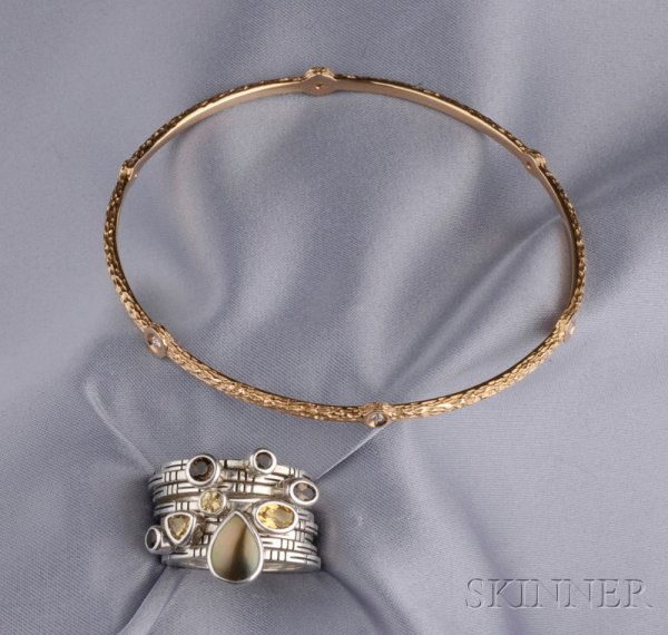 18kt Gold and Diamond Bangle Bracelet, Roberto Coi: 18kt Gold and Diamond Bangle Bracelet, Roberto Coin, bezel-set with six diamond melee, interior circ. 8 1/4 in., signed, together with a silver gem-set stacking ring composed of seven bands, size 6 3/