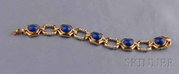 18kt Gold, Lapis, and Diamond Bracelet, set with f