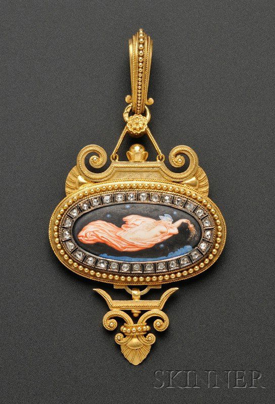 Etruscan Revival 18kt Gold and Enamel Pendant, Eug: Etruscan Revival 18kt Gold and Enamel Pendant, Eugene Fontenay, c. 1860s, depicting Eos in her saffron robes scattering dawn light in a cloudy night sky, framed by rose-cut diamonds, applied bead, wir