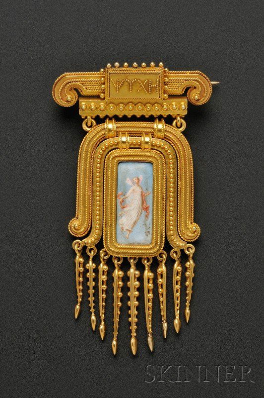 Etruscan Revival 18kt Gold and Enamel Brooch, Euge: Etruscan Revival 18kt Gold and Enamel Brooch, Eugene Fontenay, c. 1860s, centering a matte enamel depiction of Psyche, within shaped surround highlighted by bead and wirework, suspending a tapering fr