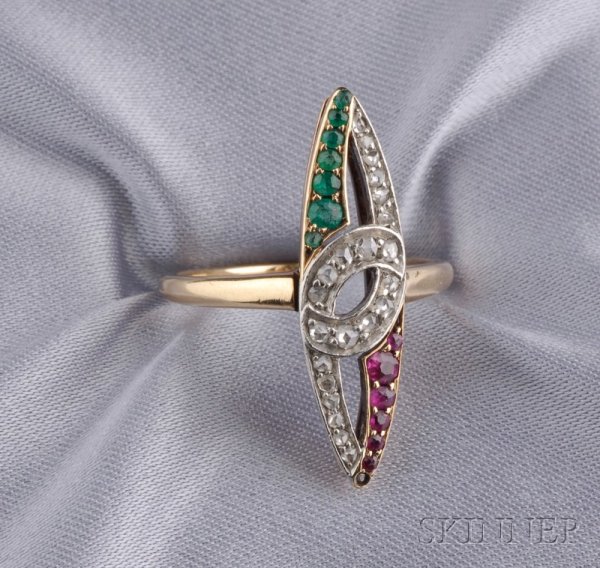Gem-set Diamond Ring, the navette form set with ci