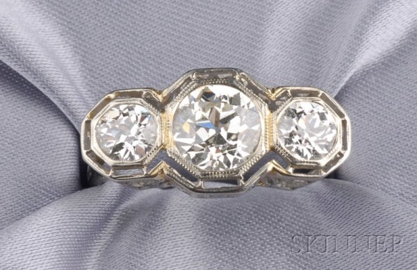 Art Deco 18kt White Gold and Diamond Three-stone R