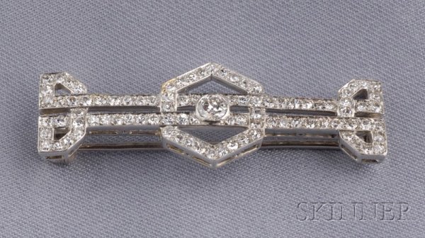Art Deco Platinum and Diamond Brooch, centering an