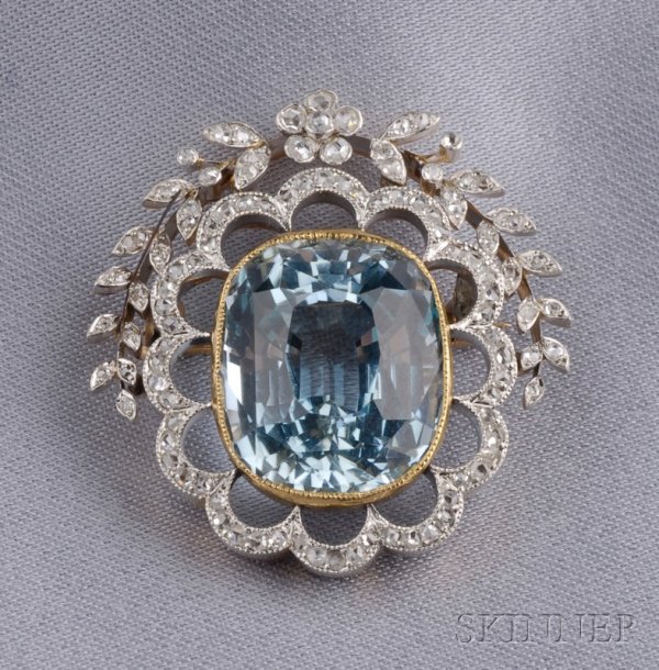Edwardian Aquamarine and Diamond Brooch, France, c