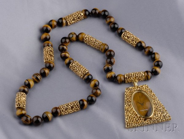 18kt Gold, Tiger's-eye, and Diamond Pendant Watch,