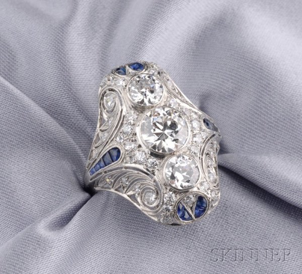 Art Deco Platinum, Diamond, and Sapphire Ring, bez