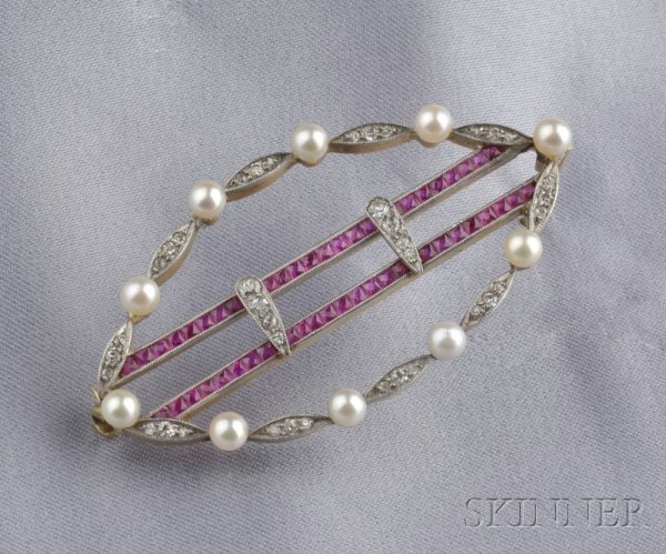 Ruby, Diamond, and Seed Pearl Brooch, bead-set wit