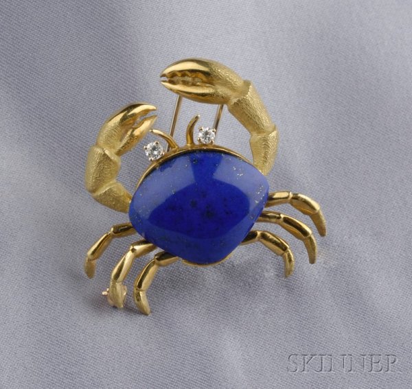 18kt Gold, Lapis, and Diamond Crab Brooch, with po