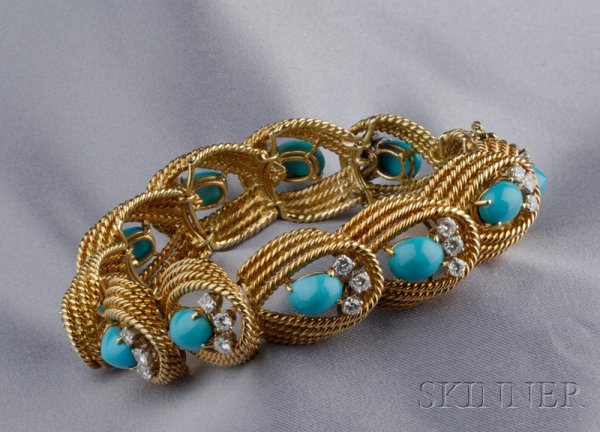 18kt Gold, Turquoise, and Diamond Bracelet, David 
