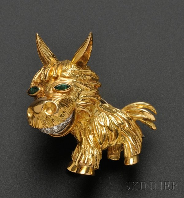 18kt Gold, Emerald, and Diamond Donkey Brooch, Car