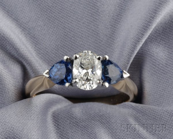 Diamond and Sapphire Three-stone Ring, prong-set w