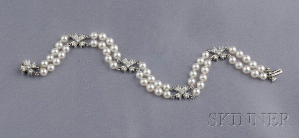 Platinum, Cultured Pearl and Diamond "Victoria" Br