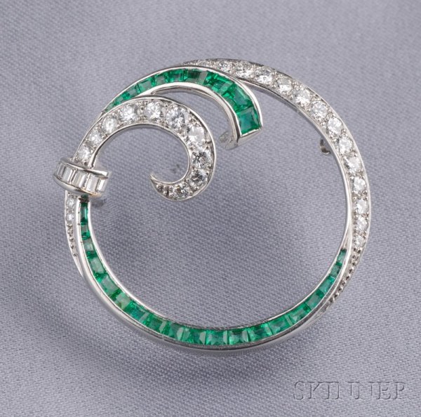Platinum, Emerald, and Diamond Circle Brooch, set