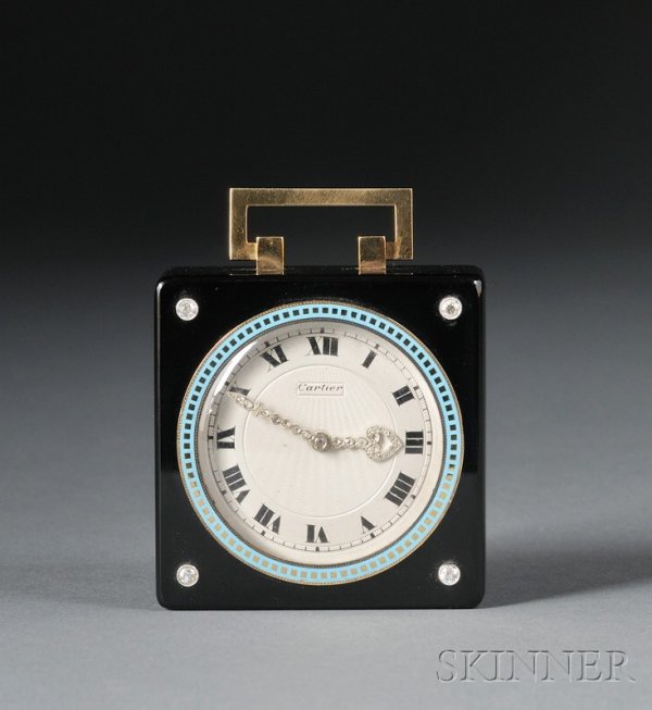 Art Deco Onyx, Enamel, and Diamond Travel "Pendule