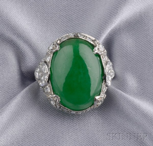 Art Deco Platinum, Jadeite, and Diamond Ring, set