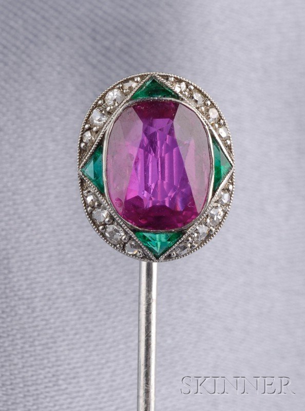 Art Deco Ruby, Emerald, and Diamond Stickpin, Ghis