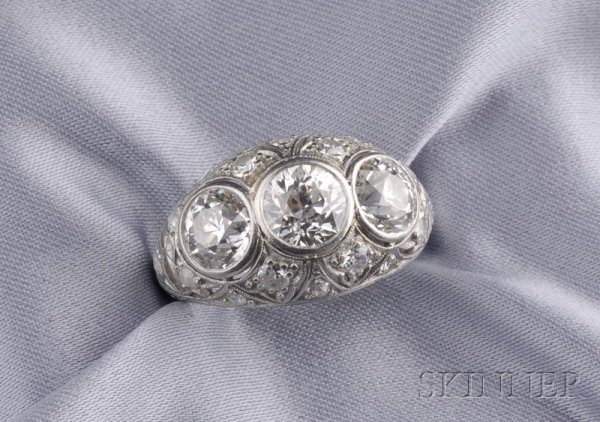 Art Deco Platinum and Diamond Three-stone Ring, be