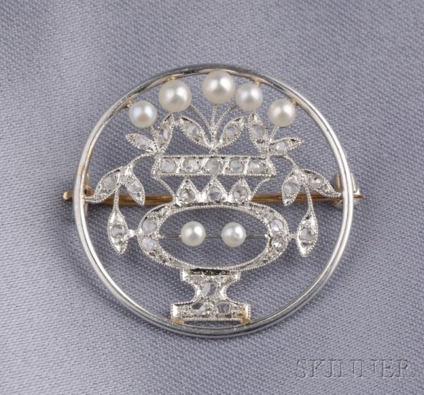 Edwardian Platinum, Diamond, and Seed Pearl Brooch